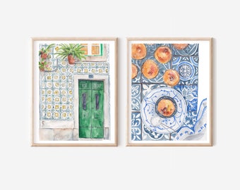 Set Of 2 Prints - Portugal Art Print - Pastel De Nata Print - Travel Gallery Wall - Lisbon Poster - Portuguese Tile Art - Architecture Art