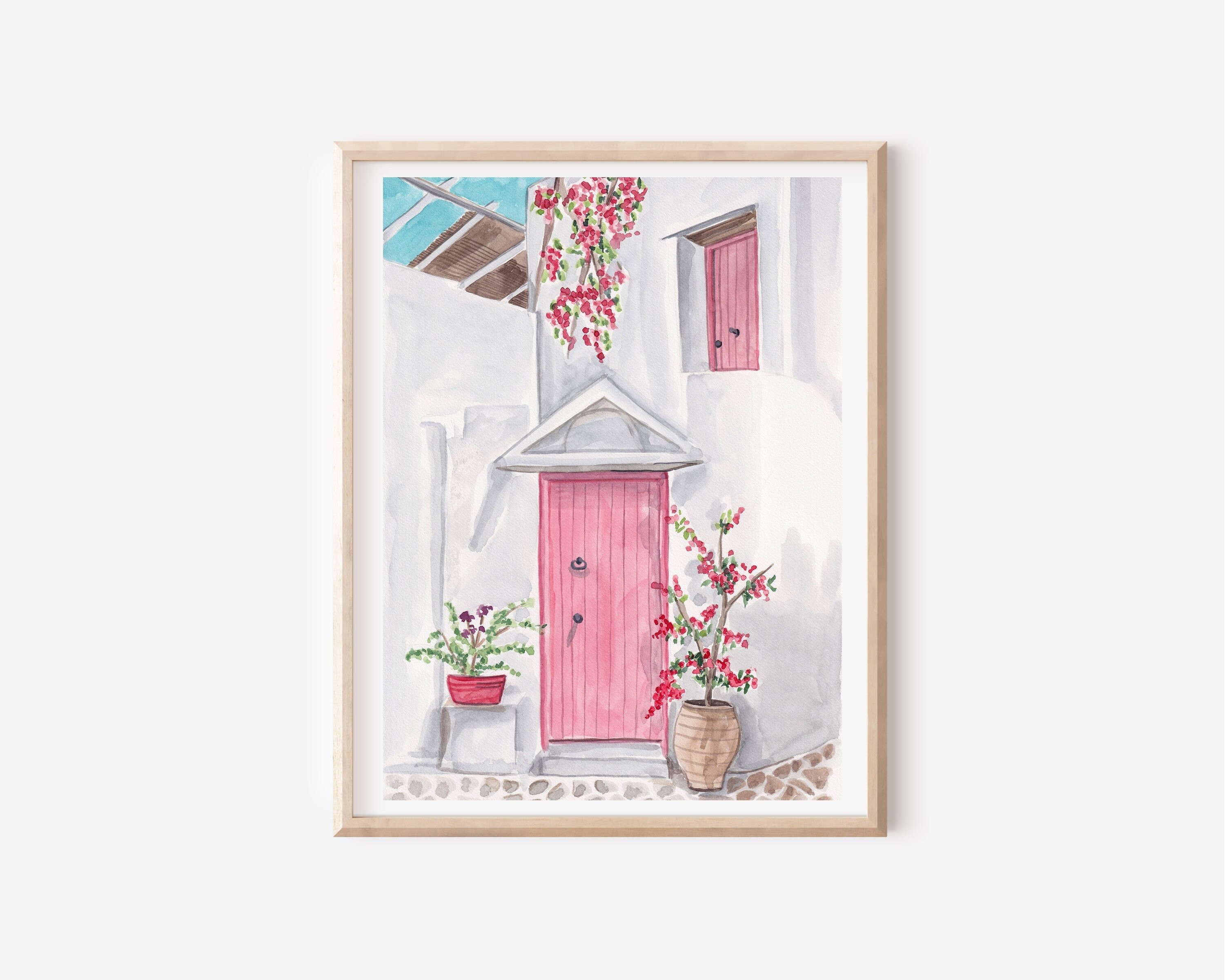 Impression d'art Grèce - affiche de porte rose - art méditerranéen - décoration murale grecque - paysage urbain Grèce - impression d'art Santorin - art européen