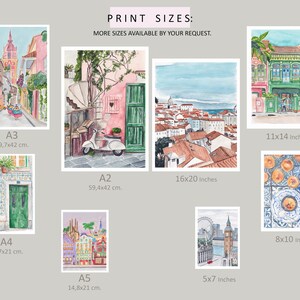 May include: A collection of watercolor paintings depicting various cityscapes, including a street scene with colorful buildings, a scooter in front of a pink building, a cityscape with a coastline, and a building with a green door. The paintings are available in different sizes, including 11x14 inches, 8x10 inches, 16x20 inches, 5x7 inches, A3 (29.7x42 cm), A2 (59.4x42 cm), A4 (29.7x21 cm), and A5 (14.8x21 cm).