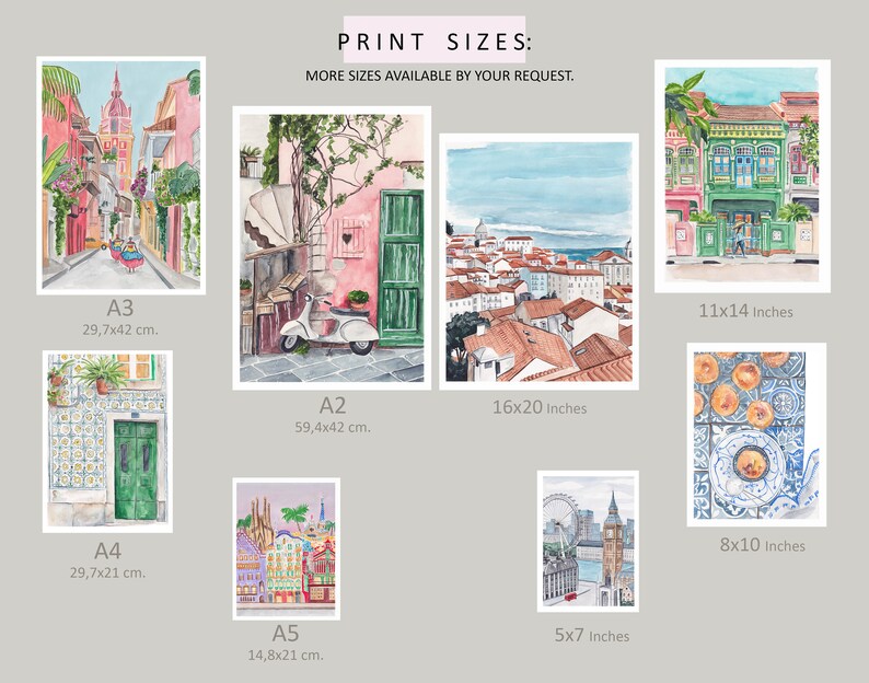 May include: A collection of watercolor paintings depicting various cityscapes, including a street scene with colorful buildings, a scooter in front of a pink building, a cityscape with a coastline, and a building with a green door. The paintings are available in different sizes, including 11x14 inches, 8x10 inches, 16x20 inches, 5x7 inches, A3 (29.7x42 cm), A2 (59.4x42 cm), A4 (29.7x21 cm), and A5 (14.8x21 cm).