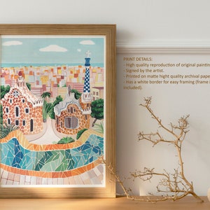 May include: A colorful illustration of Park G&uuml;ell in Barcelona, Spain. The print features a mosaic design and a view of the city skyline. The print is framed in a light wood frame.
