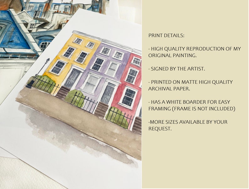 May include: Watercolor painting of a row of colorful houses with white trim and black windows. The houses are painted in shades of yellow, purple, and red. The painting is signed by the artist and printed on archival paper.