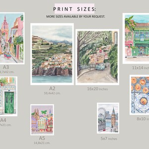 May include: A collage of watercolor paintings depicting various cityscapes and architectural details. The images include a street scene with colorful buildings, a view of a town nestled in a hillside, a cityscape with a Ferris wheel and clock tower, and a close-up of a tiled wall with a green door. The print sizes are listed in both inches and centimeters.