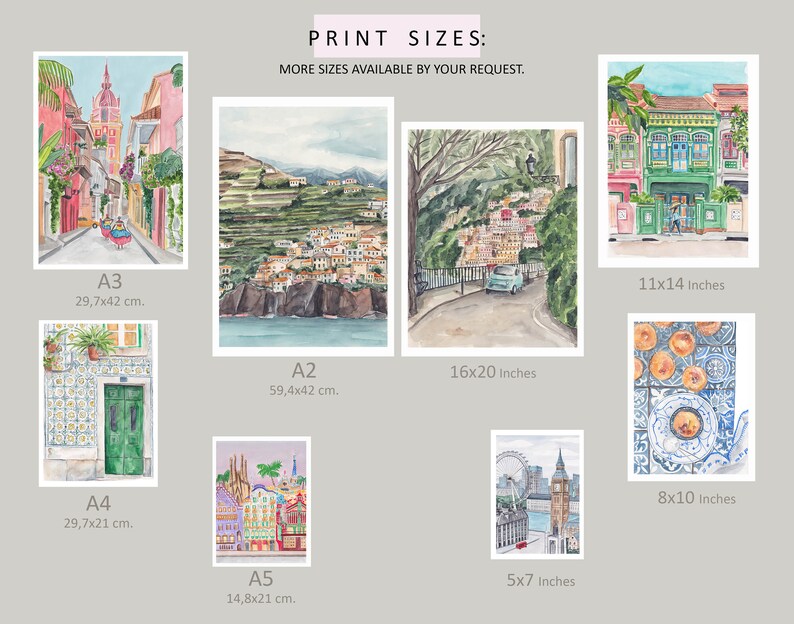 May include: A collage of watercolor paintings depicting various cityscapes and architectural details. The images include a street scene with colorful buildings, a view of a town nestled in a hillside, a cityscape with a Ferris wheel and clock tower, and a close-up of a tiled wall with a green door. The print sizes are listed in both inches and centimeters.