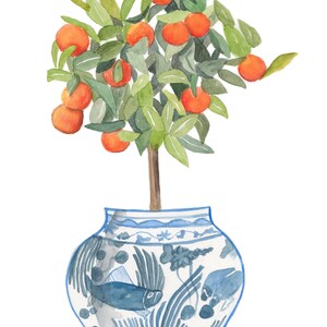 May include: A watercolour painting of a small orange tree with green leaves and orange fruit growing in a blue and white porcelain vase with a fish design.