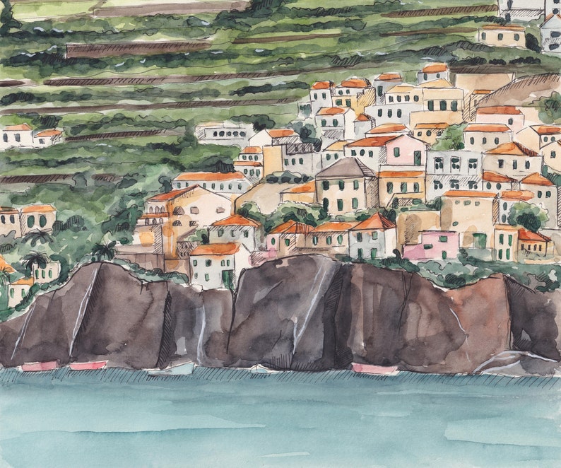 May include: Watercolor painting of a small village nestled on a cliff overlooking a body of water. The village is made up of colorful buildings with red tile roofs. The cliff is a dark brown color and the water is a light blue.