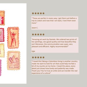 May include: Watercolor art print featuring a collection of postage stamps. The stamps depict various designs, including a cactus, the Statue of Liberty, and a crane. The color palette includes shades of pink, orange, and yellow.