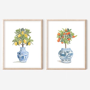 Conjunto de 2 láminas: Póster de cítricos, Arte en maceta Chinoserie, Lámina de maceta Delf, Lámina artística de limones, Lámina artística de naranjas, Galería de pared para cocina