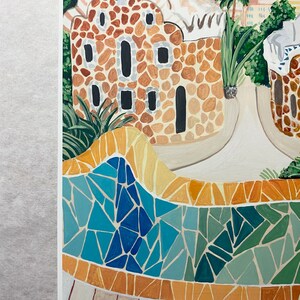 May include: A painting of a building with a mosaic tile roof. The building is made of stone and has a rounded shape. The building is surrounded by trees and bushes. The painting is done in a style that is reminiscent of the work of Antoni Gaud&iacute;.