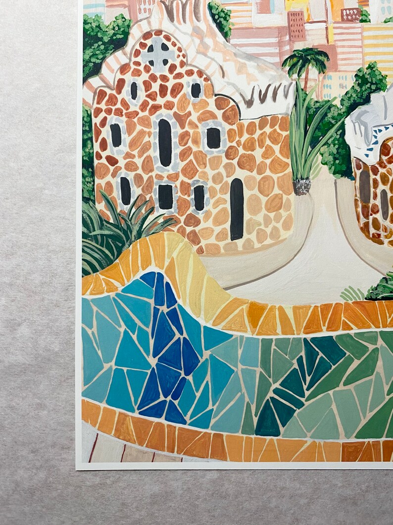 May include: A painting of a building with a mosaic tile roof. The building is made of stone and has a rounded shape. The building is surrounded by trees and bushes. The painting is done in a style that is reminiscent of the work of Antoni Gaud&iacute;.