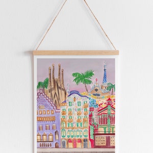 May include: A watercolor painting of colorful buildings in Barcelona, Spain. The buildings are decorated with intricate patterns and designs. The Sagrada Familia is visible in the background.