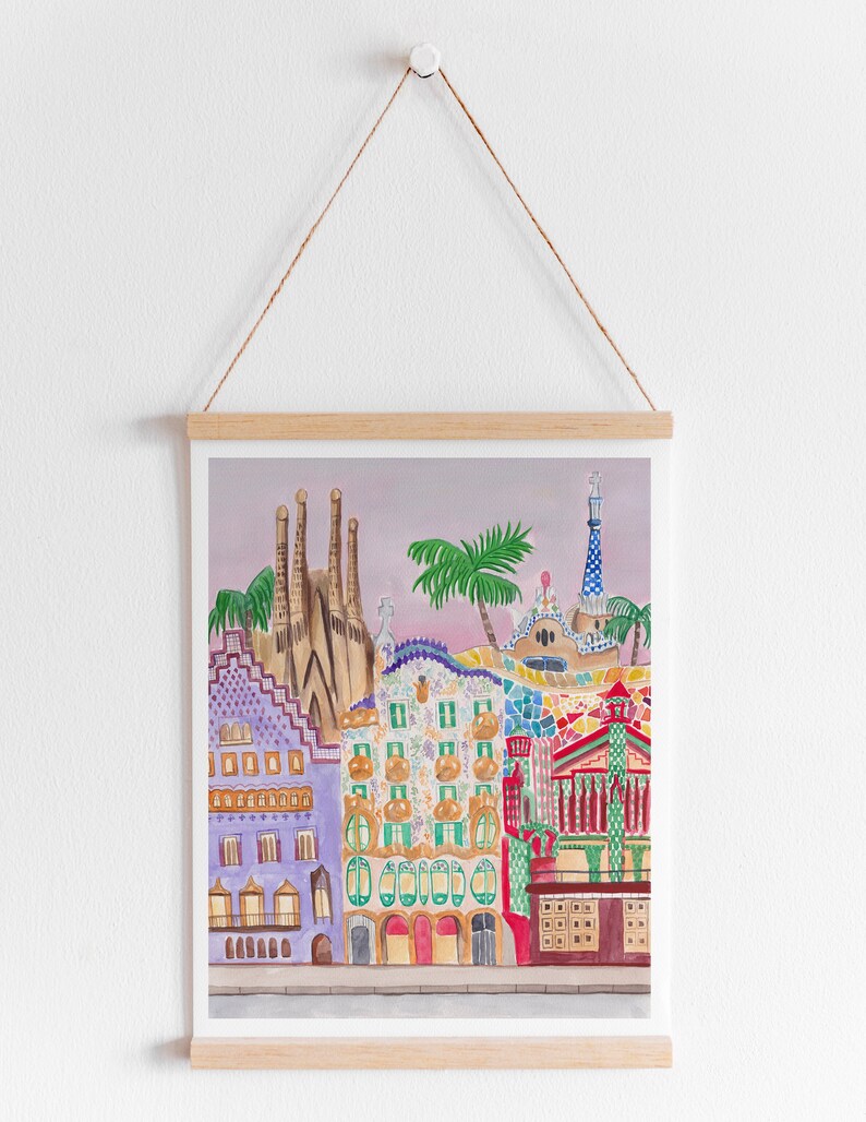May include: A watercolor painting of colorful buildings in Barcelona, Spain. The buildings are decorated with intricate patterns and designs. The Sagrada Familia is visible in the background.