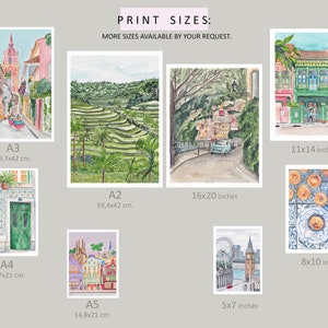 May include: A collection of watercolour paintings depicting various cityscapes and landscapes. The prints are available in different sizes, including 5x7 inches, 8x10 inches, 11x14 inches, 16x20 inches, A3 (29.7x42 cm), A4 (29.7x21 cm), A2 (59.4x42 cm), and A5 (14.8x21 cm).