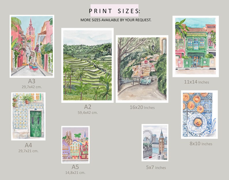 May include: A collection of watercolour paintings depicting various cityscapes and landscapes. The prints are available in different sizes, including 5x7 inches, 8x10 inches, 11x14 inches, 16x20 inches, A3 (29.7x42 cm), A4 (29.7x21 cm), A2 (59.4x42 cm), and A5 (14.8x21 cm).