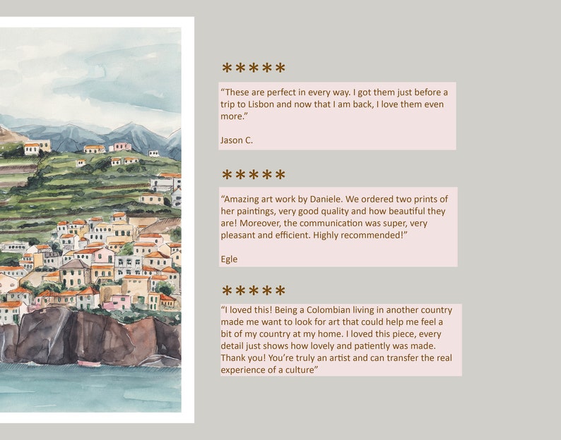 May include: Watercolor painting of a colorful village nestled on a hillside overlooking a blue ocean. The village is made up of small, white houses with red tile roofs. The hillside is covered in green vegetation. The painting is framed in a white frame.