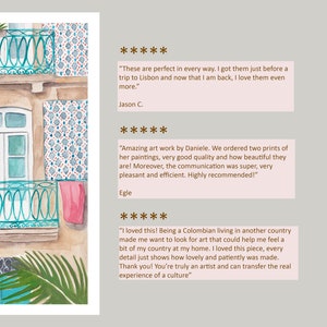 May include: Watercolour painting of a building with a balcony and a tiled wall. The building is painted in shades of blue, green, and white. The balcony has a railing and a pink laundry hanging on it. The tiled wall is decorated with a geometric pattern. The painting is framed with a white border.