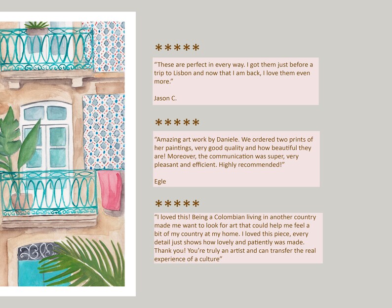 May include: Watercolour painting of a building with a balcony and a tiled wall. The building is painted in shades of blue, green, and white. The balcony has a railing and a pink laundry hanging on it. The tiled wall is decorated with a geometric pattern. The painting is framed with a white border.
