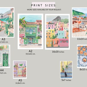 May include: A collection of watercolor paintings depicting colorful cityscapes. The prints are available in various sizes, including 11x14 inches, 8x10 inches, 5x7 inches, 16x20 inches, A3 (29.7x42 cm), A2 (59.4x42 cm), A4 (29.7x21 cm), and A5 (14.8x21 cm).