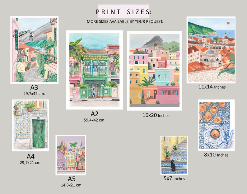 May include: A collection of watercolor paintings depicting colorful cityscapes. The prints are available in various sizes, including 11x14 inches, 8x10 inches, 5x7 inches, 16x20 inches, A3 (29.7x42 cm), A2 (59.4x42 cm), A4 (29.7x21 cm), and A5 (14.8x21 cm).