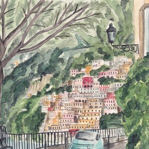 May include: Watercolour painting of a hillside village with colourful buildings and a green tree in the foreground. A car is driving on a road in the lower right corner of the image.