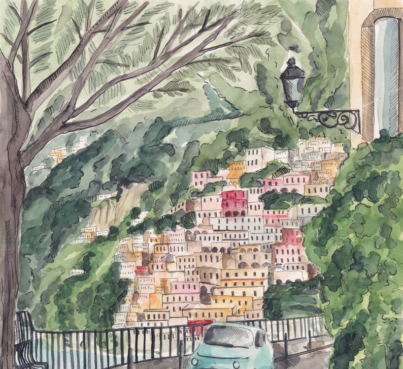 May include: Watercolour painting of a hillside village with colourful buildings and a green tree in the foreground. A car is driving on a road in the lower right corner of the image.