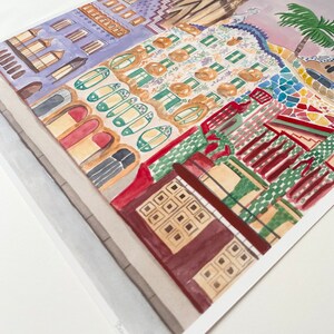 May include: Watercolor painting of a colorful building with a mosaic facade. The building has a green, red, and yellow color scheme. The building is surrounded by a light gray sidewalk. The painting is signed "Barcelona, Spain".