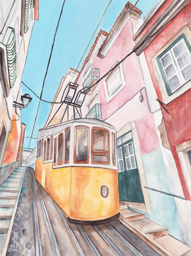 May include: A yellow vintage tram travels up a steep, cobblestone street in a city with colorful buildings. The tram has large windows and a brown roof. The buildings are painted in shades of pink, red, and blue.