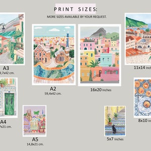May include: A chart showing different print sizes for artwork, including 11x14 inches, 16x20 inches, 8x10 inches, and 5x7 inches. The chart also includes metric sizes, such as A3, A4, A5, and A2.