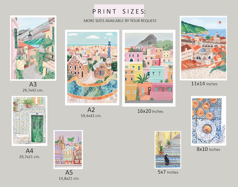 May include: A chart showing different print sizes for artwork, including 11x14 inches, 16x20 inches, 8x10 inches, and 5x7 inches. The chart also includes metric sizes, such as A3, A4, A5, and A2.