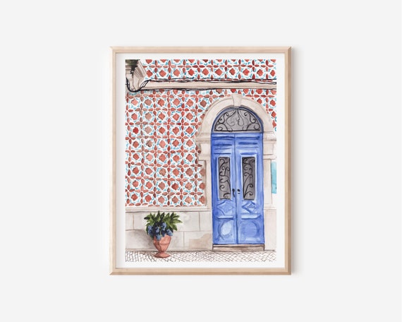Blue Door Poster - Lisbon Art Print - Portugal Wall Decor - Traditional Tile Art - Travel Gift - Lisbon Tile Poster - Mediterranean Art
