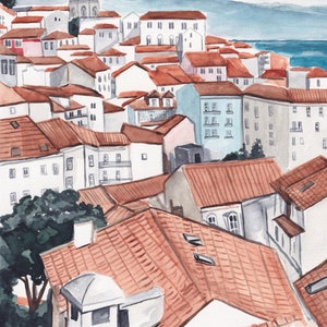 May include: Watercolor painting of a cityscape with red tile roofs, white buildings, and a blue sky. The city is built on a hillside and overlooks a body of water.