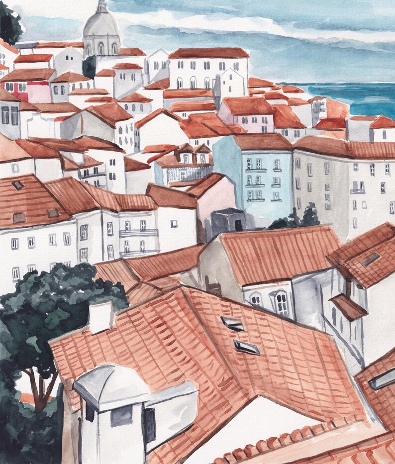 May include: Watercolor painting of a cityscape with red tile roofs, white buildings, and a blue sky. The city is built on a hillside and overlooks a body of water.