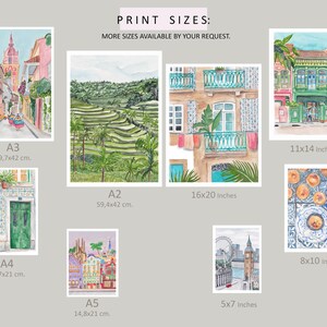 May include: Watercolor prints of various locations, including a street scene, rice terraces, and buildings. Print sizes are available in inches: 11x14, 16x20, 8x10, and 5x7. Additional sizes are available upon request. The prints feature colorful architectural and landscape illustrations.