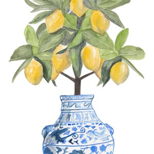 May include: A watercolour painting of a lemon tree with yellow lemons in a blue and white porcelain vase. The vase has a floral and bird design.