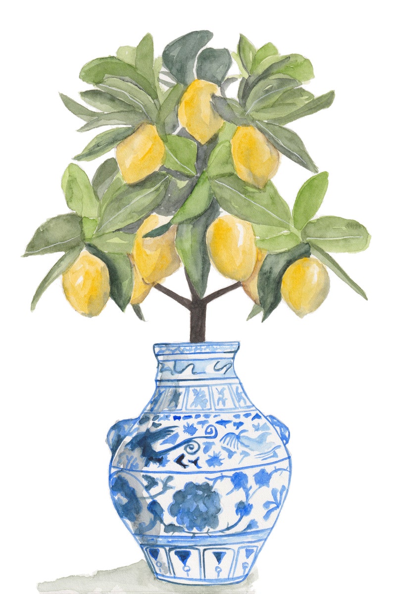 May include: A watercolour painting of a lemon tree with yellow lemons in a blue and white porcelain vase. The vase has a floral and bird design.