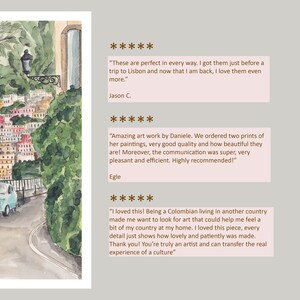 May include: Watercolour painting of a colourful cityscape with a small blue car driving on a winding road. The painting is surrounded by text with customer reviews.