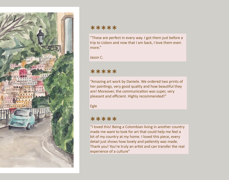 May include: Watercolour painting of a colourful cityscape with a small blue car driving on a winding road. The painting is surrounded by text with customer reviews.