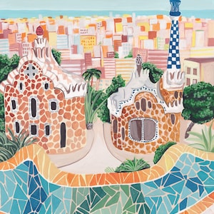 May include: A colorful illustration of a park in Barcelona, Spain. The illustration features a view of the city skyline, a mosaic tiled walkway, and two buildings with a unique architectural style. The buildings are brown with a textured surface and have a variety of windows and arches. The buildings are surrounded by green trees and bushes.