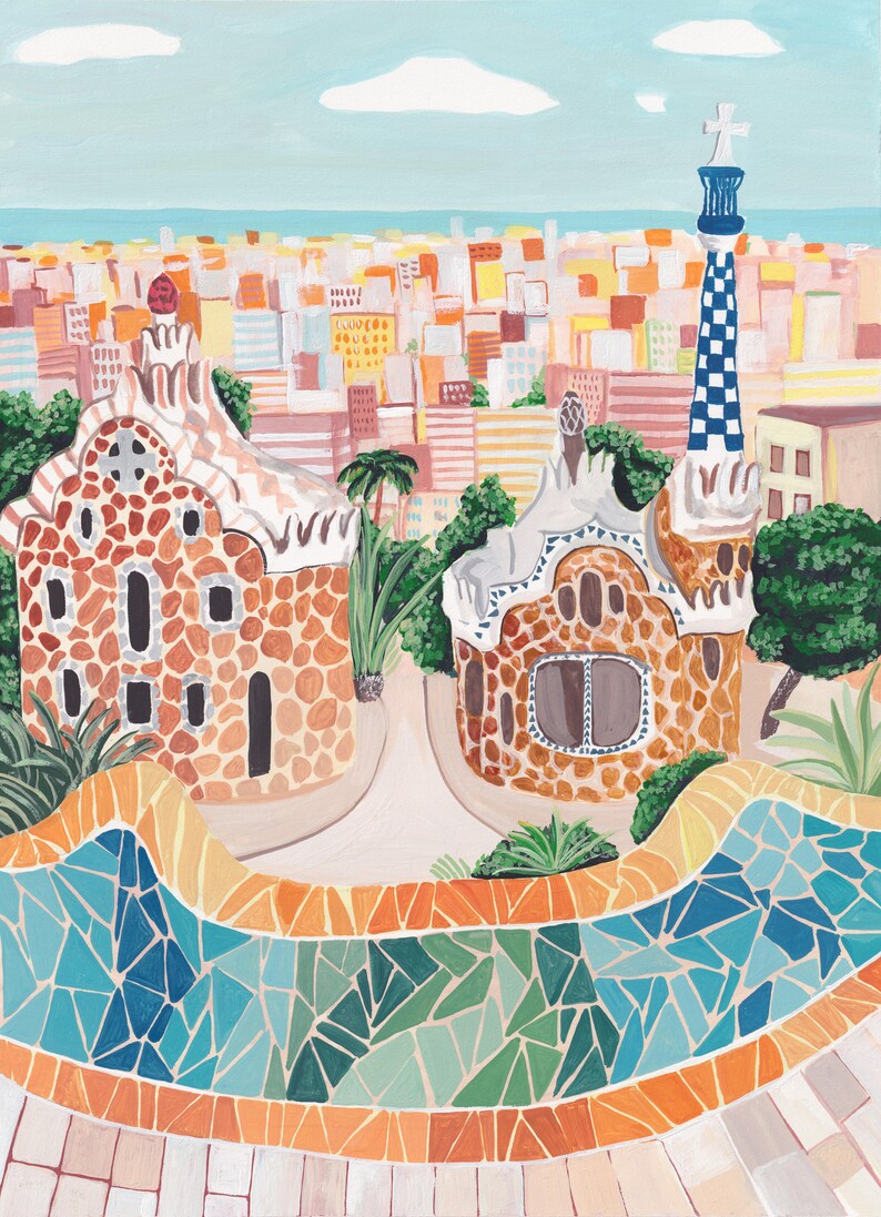 May include: A colorful illustration of a park in Barcelona, Spain. The illustration features a view of the city skyline, a mosaic tiled walkway, and two buildings with a unique architectural style. The buildings are brown with a textured surface and have a variety of windows and arches. The buildings are surrounded by green trees and bushes.
