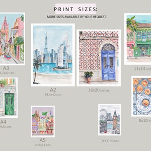 Puede incluir: Una colecci&oacute;n de pinturas de acuarela que representan diferentes paisajes urbanos, incluyendo una escena de calle con edificios coloridos, una vista del horizonte de Dub&aacute;i, una puerta de azulejos y una escena de calle con una noria y el Big Ben. Las impresiones est&aacute;n disponibles en diferentes tama&ntilde;os, incluyendo 5x7 pulgadas, 8x10 pulgadas, 11x14 pulgadas, 16x20 pulgadas, A3 (29,7x42 cm), A4 (29,7x21 cm), A2 (59,4x42 cm) y A5 (14,8x21 cm).