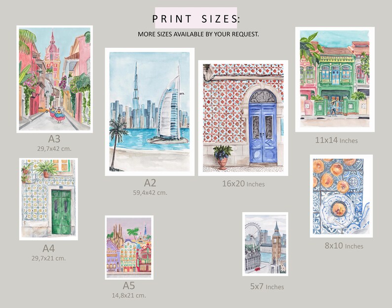Puede incluir: Una colecci&oacute;n de pinturas de acuarela que representan diferentes paisajes urbanos, incluyendo una escena de calle con edificios coloridos, una vista del horizonte de Dub&aacute;i, una puerta de azulejos y una escena de calle con una noria y el Big Ben. Las impresiones est&aacute;n disponibles en diferentes tama&ntilde;os, incluyendo 5x7 pulgadas, 8x10 pulgadas, 11x14 pulgadas, 16x20 pulgadas, A3 (29,7x42 cm), A4 (29,7x21 cm), A2 (59,4x42 cm) y A5 (14,8x21 cm).