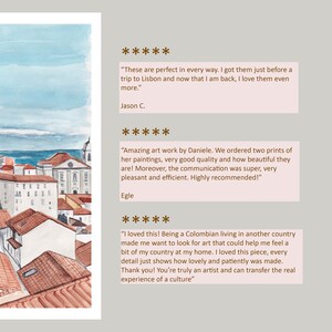 May include: A watercolor painting of a cityscape with red tile roofs and a blue sky. The city is on a hill overlooking a body of water. The painting is framed with a white border and has a quote about the artist's work.