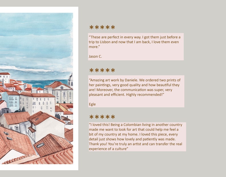 May include: A watercolor painting of a cityscape with red tile roofs and a blue sky. The city is on a hill overlooking a body of water. The painting is framed with a white border and has a quote about the artist's work.