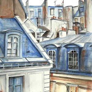 Puede incluir: Pintura acuarela de un paisaje urbano parisino con techos y ventanas azules. La pintura representa una vista desde una ventana que mira hacia los edificios circundantes.