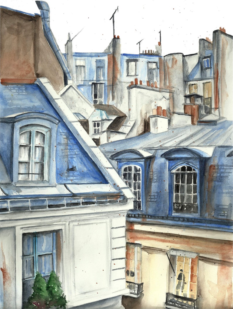 Puede incluir: Pintura acuarela de un paisaje urbano parisino con techos y ventanas azules. La pintura representa una vista desde una ventana que mira hacia los edificios circundantes.