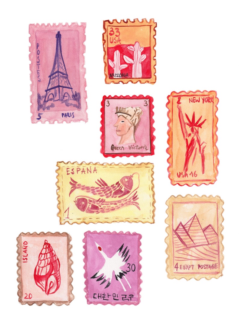 May include: Watercolor illustration of various postage stamps. Stamps depict the Eiffel Tower, cacti, Queen Victoria, the Statue of Liberty, fish, a seashell, a crane, and pyramids. Stamps include text such as "Paris", "Arizona", "New York", and "Egypt Postage".
