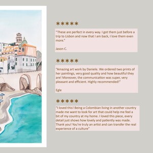 May include: Watercolor painting of a colorful Italian village with a beach and turquoise water. The painting features a white archway, blue umbrellas, and a rocky coastline. The painting is framed with a white border.