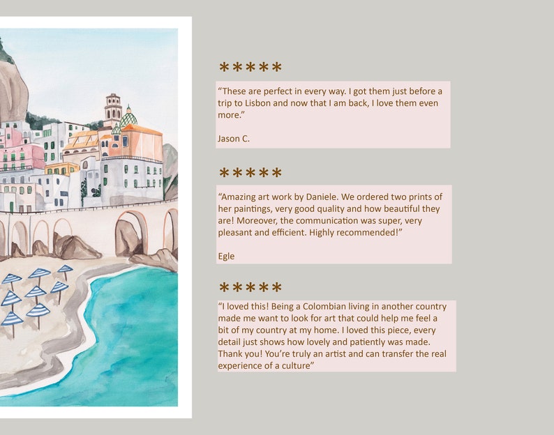 May include: Watercolor painting of a colorful Italian village with a beach and turquoise water. The painting features a white archway, blue umbrellas, and a rocky coastline. The painting is framed with a white border.