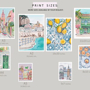 May include: A collage of watercolor paintings depicting various cityscapes and architectural details. The images include a street scene with colorful buildings, a beach with umbrellas, a tiled floor with lemons, and a building with a green door. The text "PRINT SIZES: MORE SIZES AVAILABLE BY YOUR REQUEST." is displayed at the top of the image. The sizes of the prints are listed below each image in inches and centimeters.