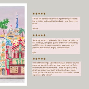 May include: A watercolor painting of a colorful building with a mosaic facade. The building is set against a pink sky with palm trees in the foreground. The painting is framed with a white border.